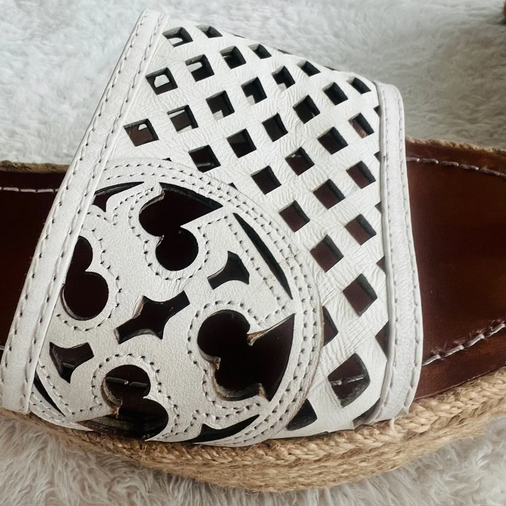 Tory Burch Sz 9 White Leather Logo Espadrille Wedge Platform Sandals Slide
